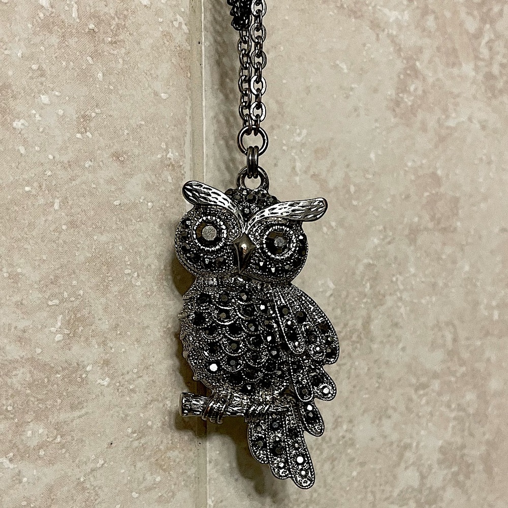 Long vintage silver owl crystal bird necklace